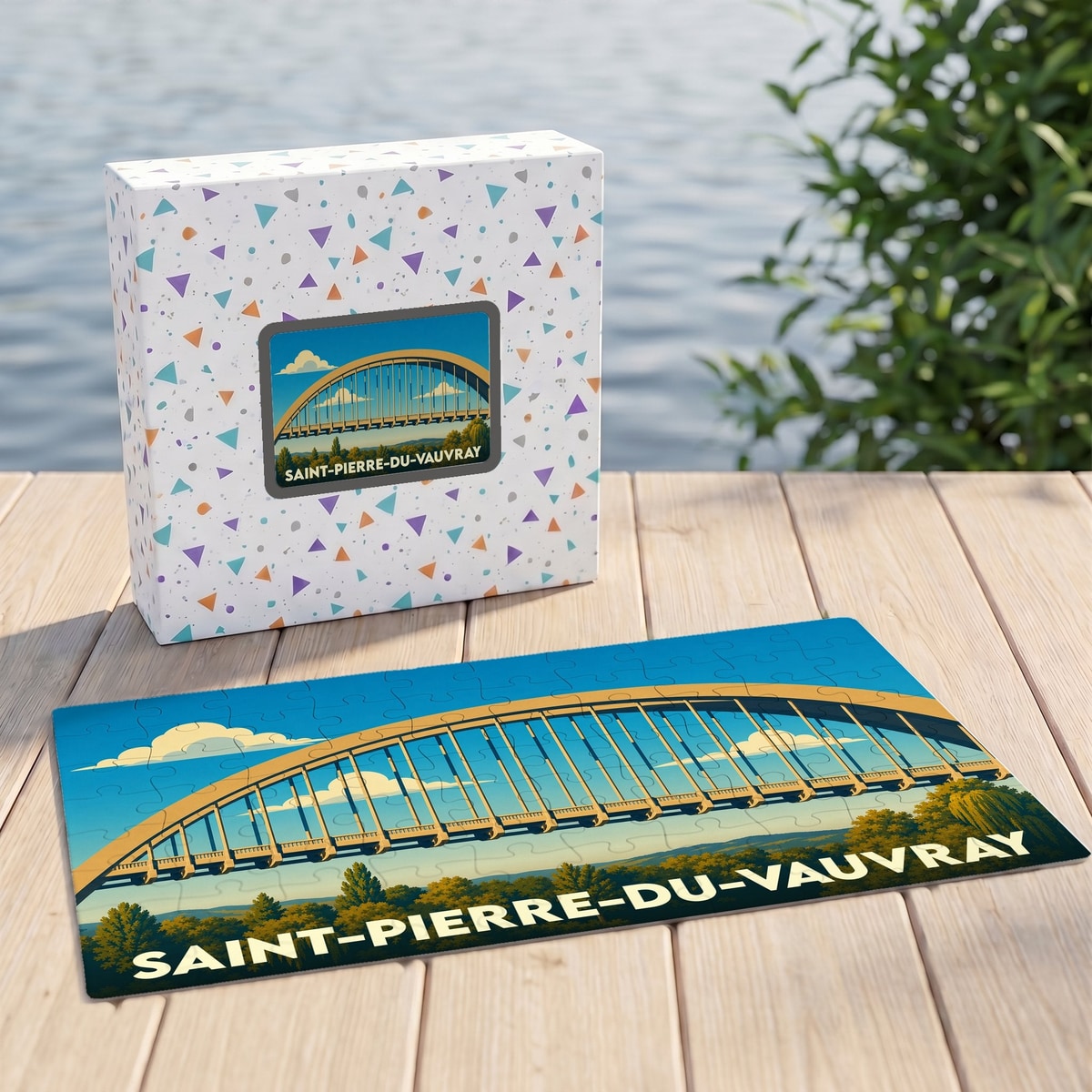 Puzzle souvenir de la ville de Saint-Pierre-du-Vauvray avec une illustration stylisée de son pont en arc.
