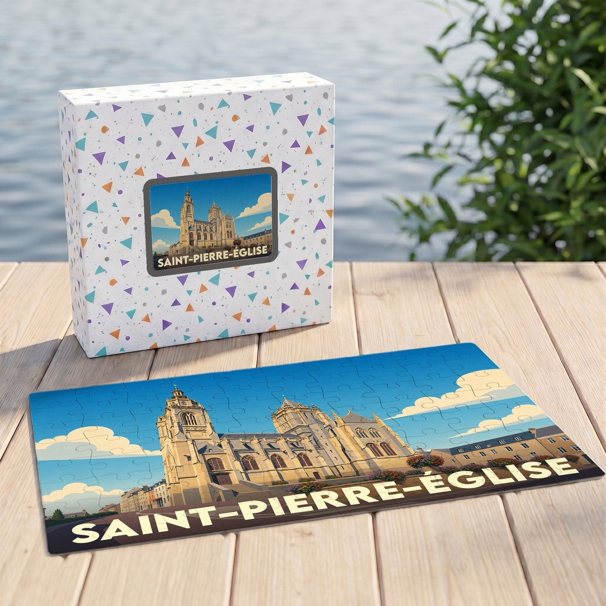 Puzzle souvenir de la ville de Saint-Pierre-Église avec une illustration stylisée d'une église.