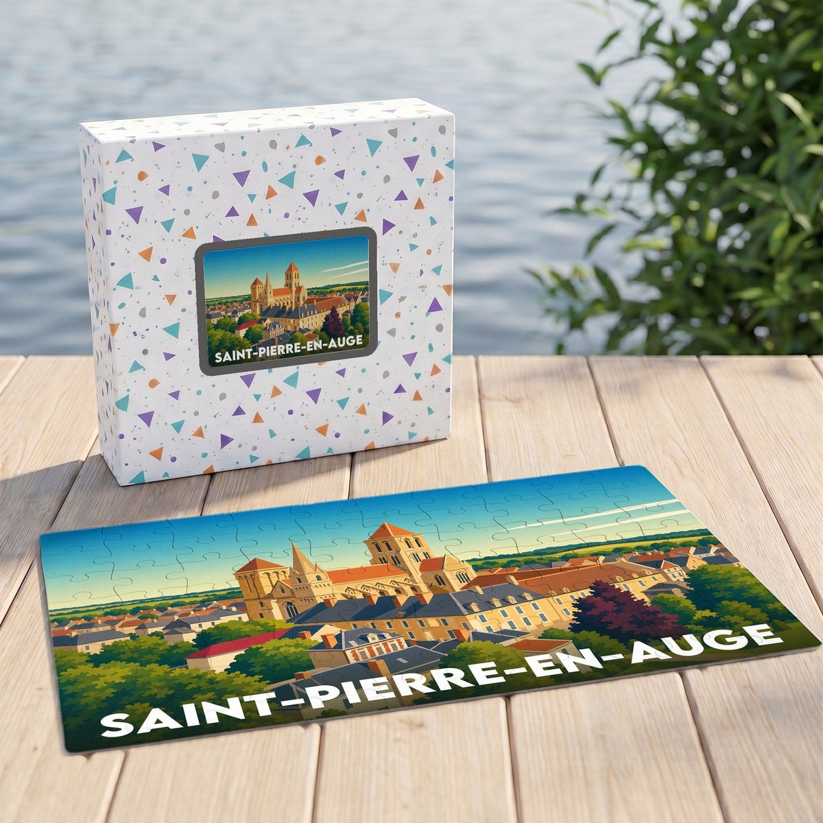 Puzzle souvenir de la ville de Saint-Pierre-en-Auge avec une illustration stylisée de son abbaye.