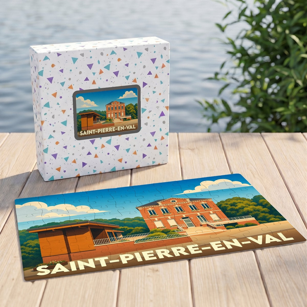 Puzzle souvenir de la ville de Saint-Pierre-en-Val avec une illustration stylisée et colorée.