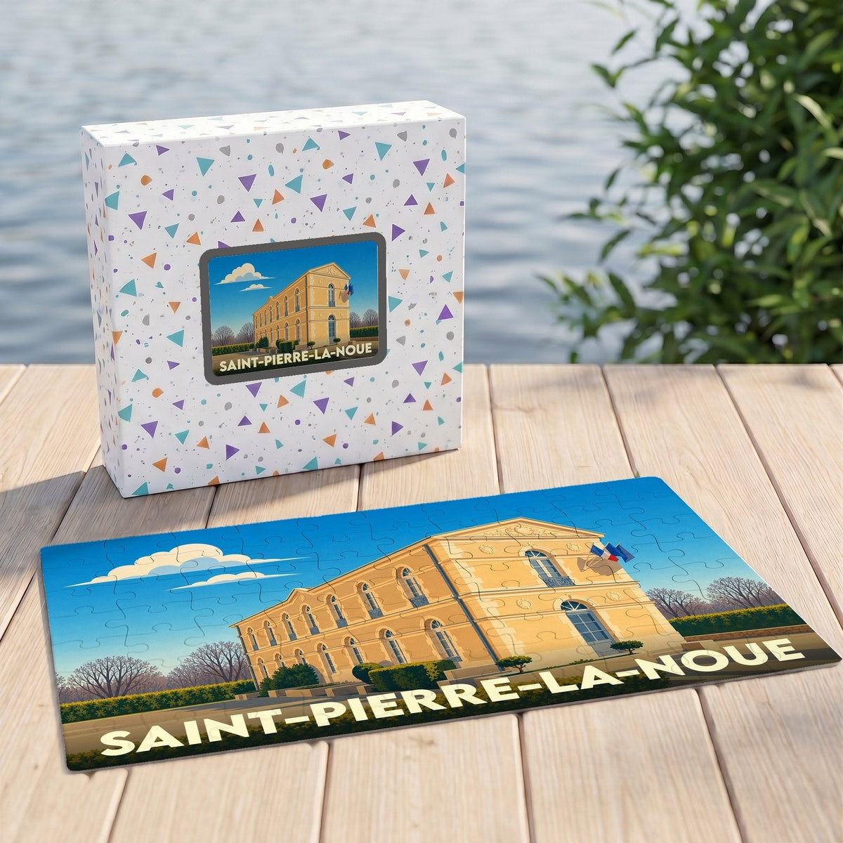 Puzzle souvenir de la ville de Saint-Pierre-La-Noue avec une illustration stylisée de son patrimoine architectural.