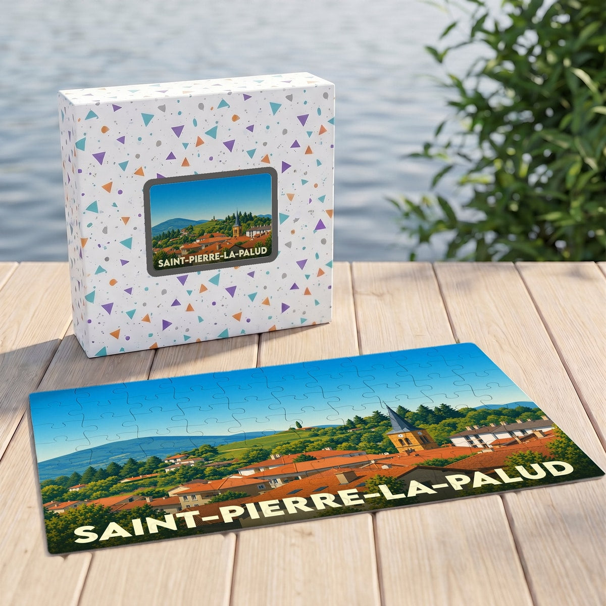 Puzzle souvenir de la ville de Saint-Pierre-la-Palud accompagné de sa boîte illustrée.
