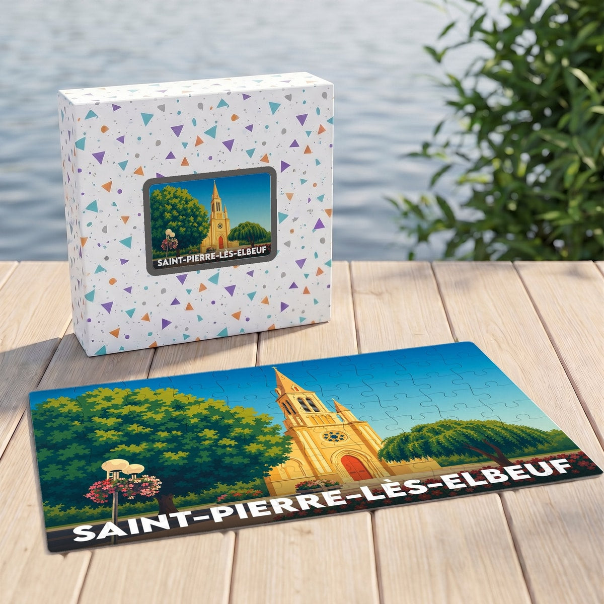 Puzzle souvenir de la ville de Saint-Pierre-lès-Elbeuf avec une illustration stylisée de son église.