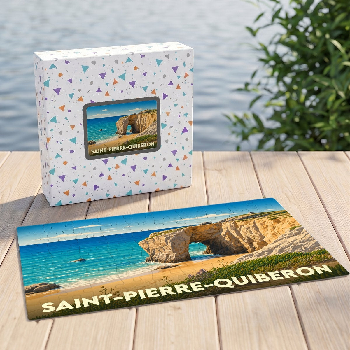 Puzzle souvenir de la ville de Saint-Pierre-Quiberon avec une illustration stylisée de sa côte sauvage.