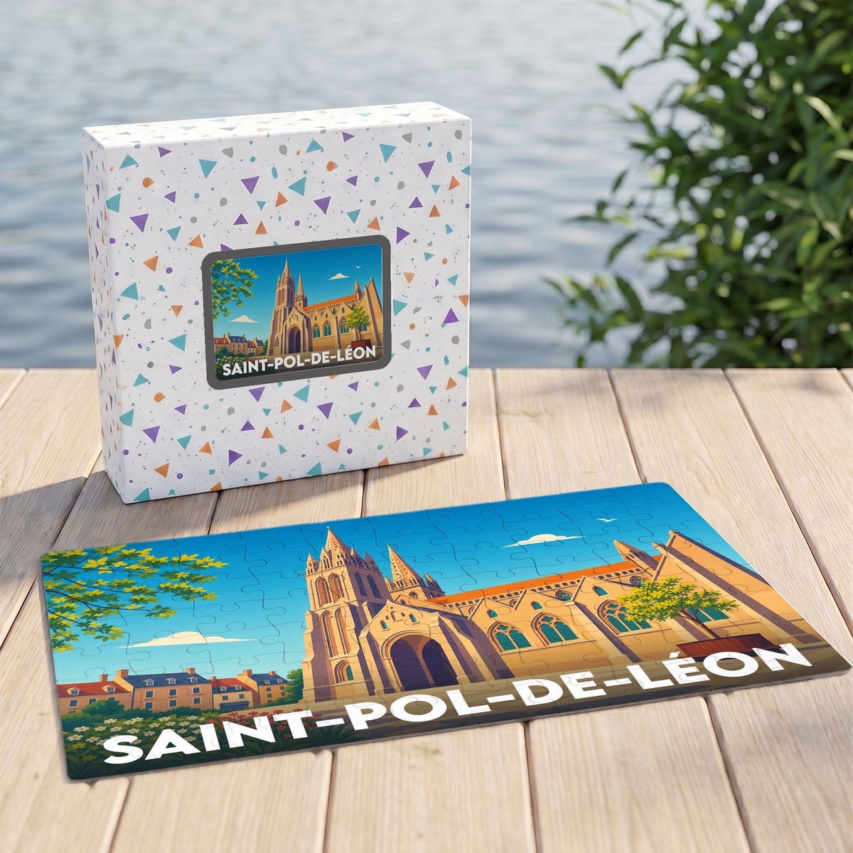 Puzzle souvenir de la ville de Saint-Pol-de-Léon avec son coffret illustré d'une vue stylisée de la cathédrale.