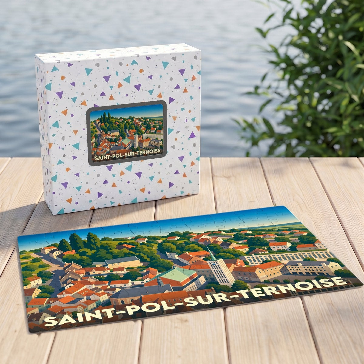 Puzzle souvenir de la ville de Saint-Pol-sur-Ternoise avec une illustration stylisée et colorée de son paysage urbain.