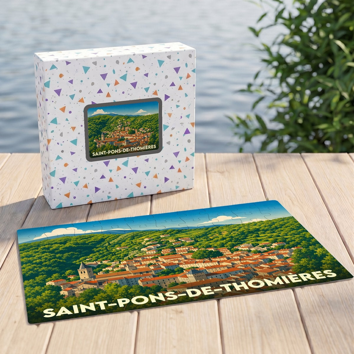 Puzzle souvenir de la ville de Saint-Pons-de-Thomières avec une illustration paysagère stylisée du village.