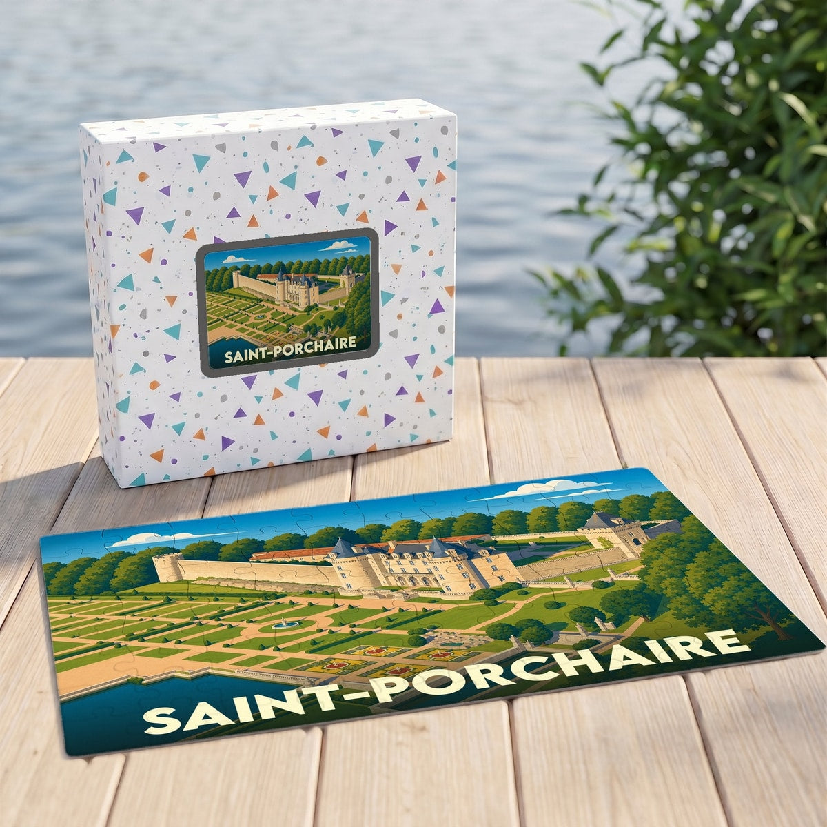Puzzle souvenir de la ville de Saint-Porchaire illustrant son château et ses jardins.