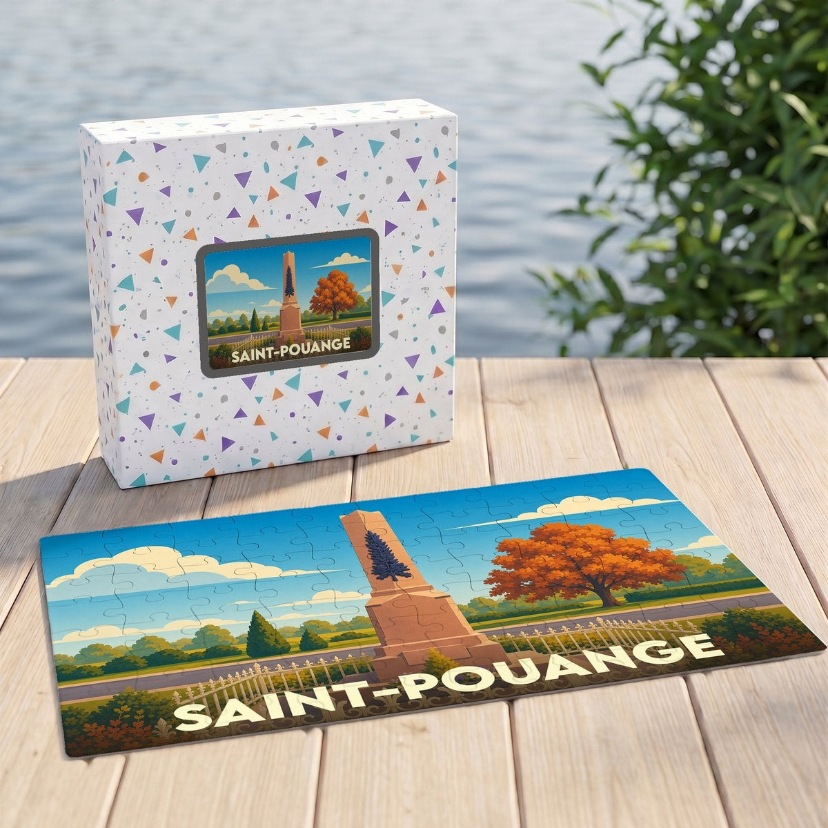 Puzzle souvenir de la ville de Saint-Pouange avec une illustration stylisée d'un monument et de paysages.