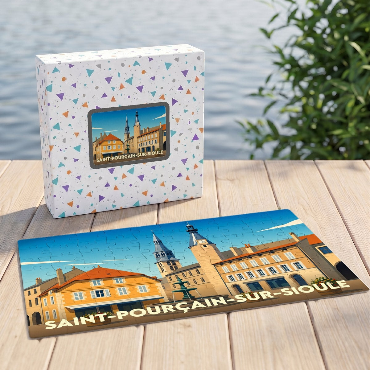 Puzzle souvenir de la ville de Saint-Pourçain-sur-Sioule avec une illustration stylisée d'une place historique.