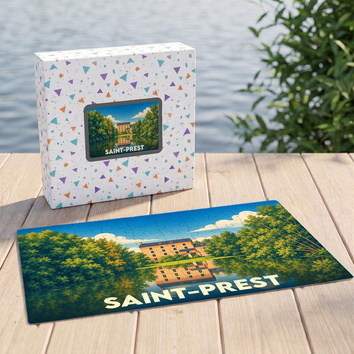 Puzzle souvenir de la ville de Saint-Prest avec une illustration stylisée d'un moulin au bord de l'eau.