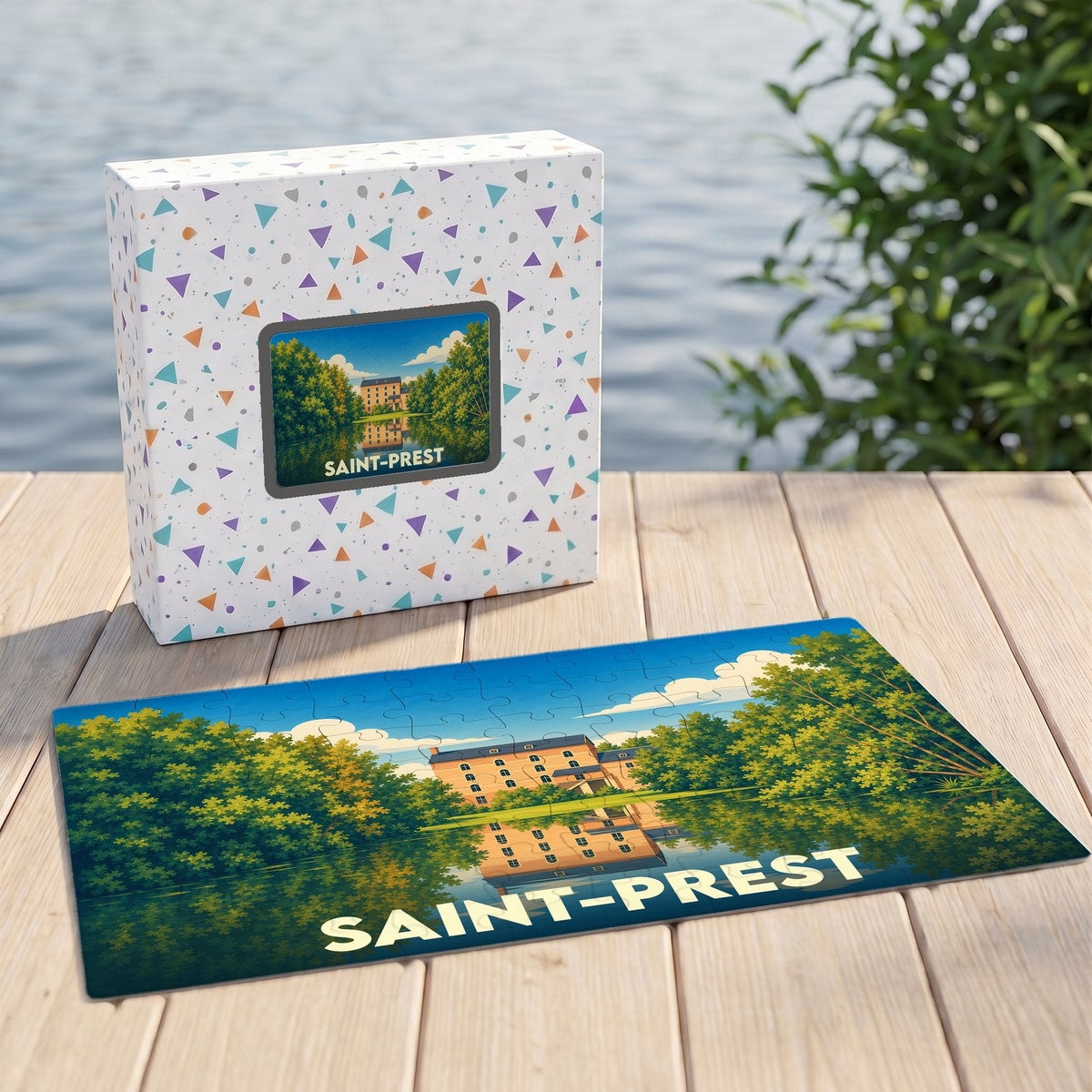 Puzzle souvenir de la ville de Saint-Prest avec une illustration stylisée d'un moulin au bord de l'eau.