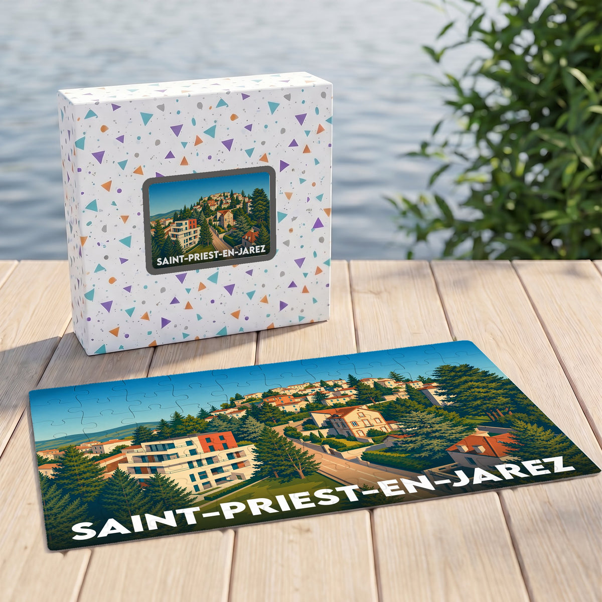 Puzzle souvenir de la ville de Saint-Priest-en-Jarez avec une illustration stylisée de son paysage urbain.