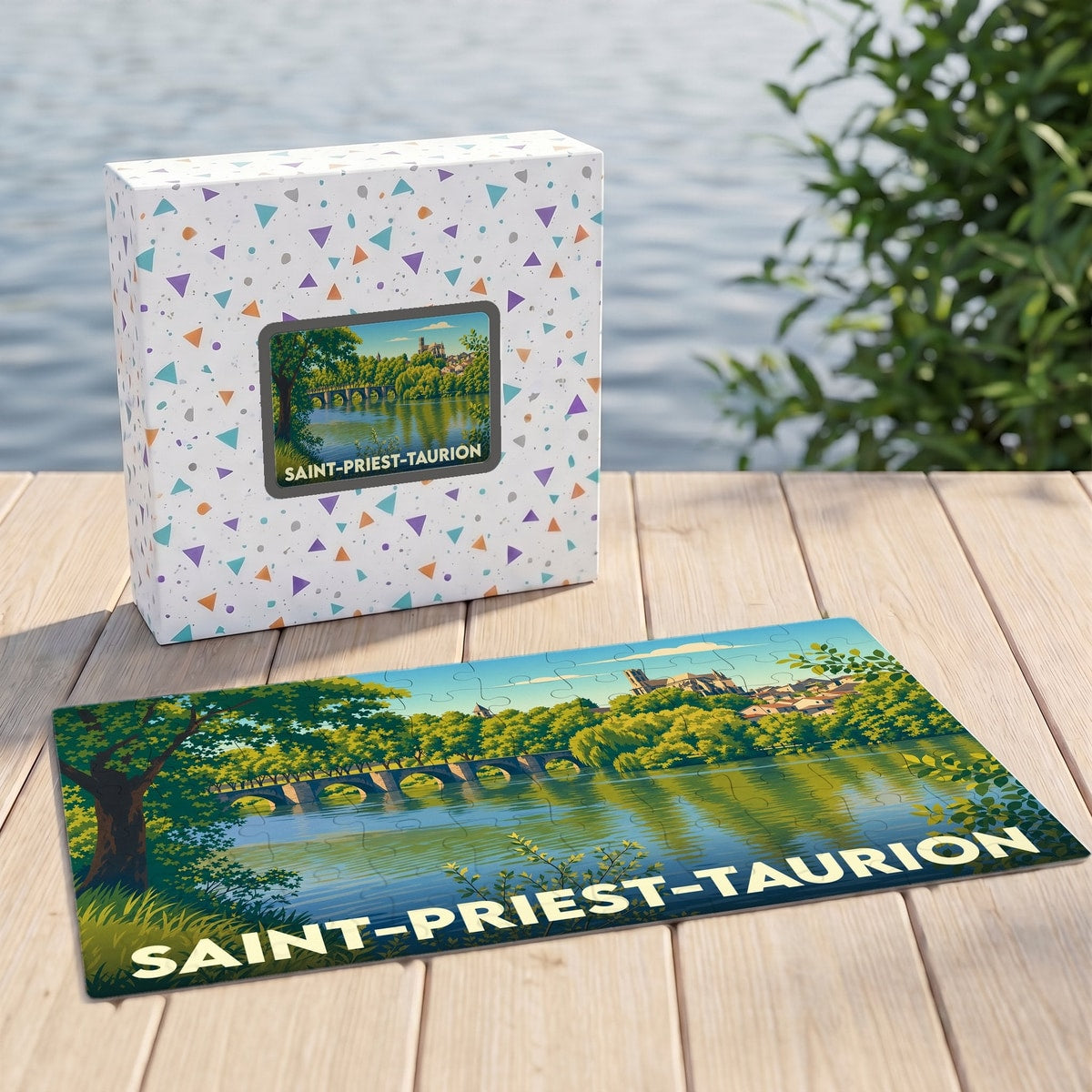 Puzzle souvenir de la ville de Saint-Priest-Taurion avec une illustration stylisée de son pont et de son église au bord de l'eau.