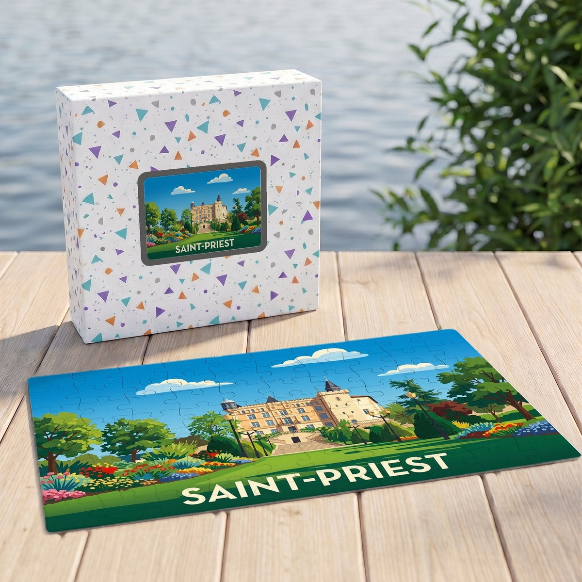 Puzzle souvenir de la ville de Saint-Priest illustrant son château dans un style coloré et épuré.