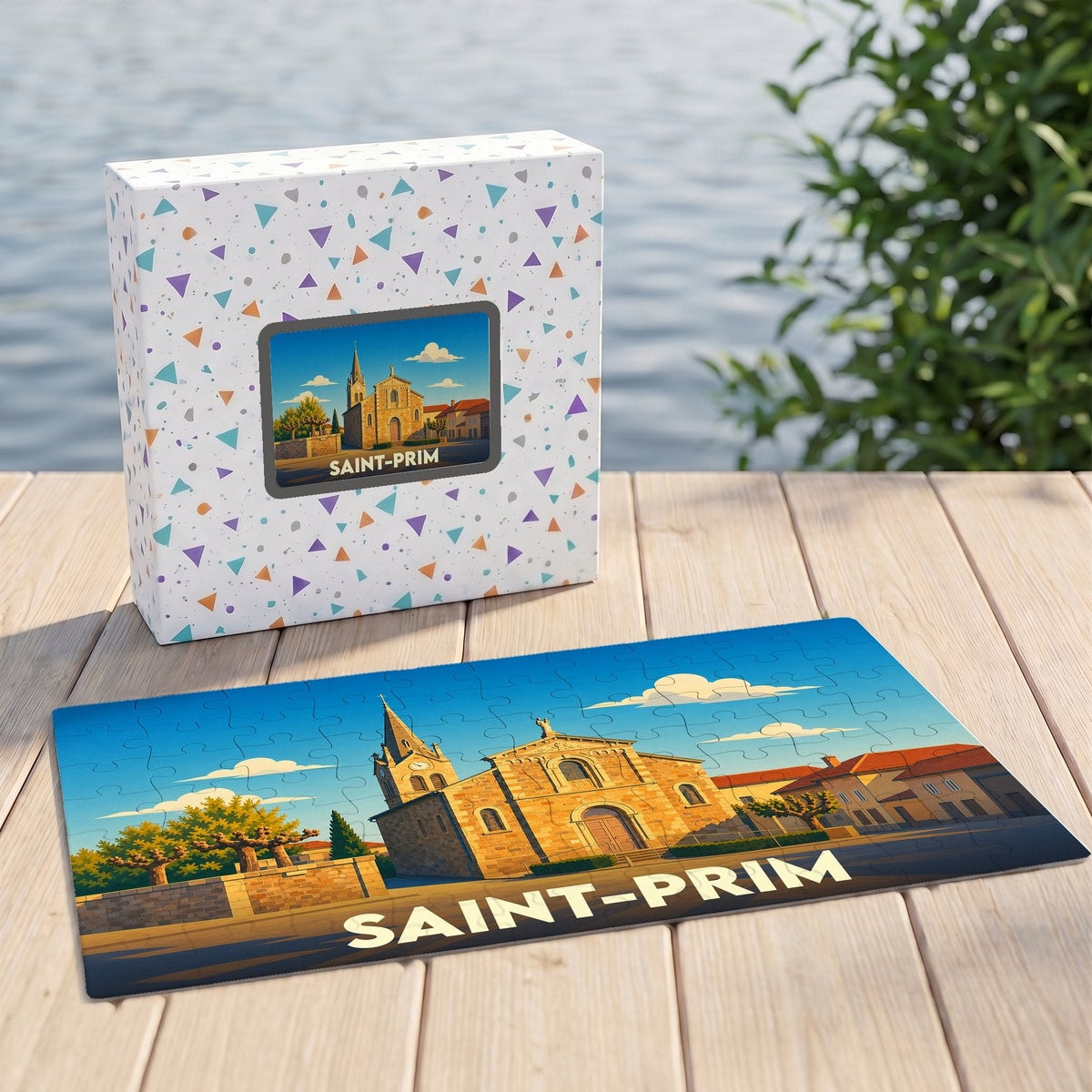 Puzzle souvenir de la ville de Saint-Prim avec une illustration stylisée de son église.