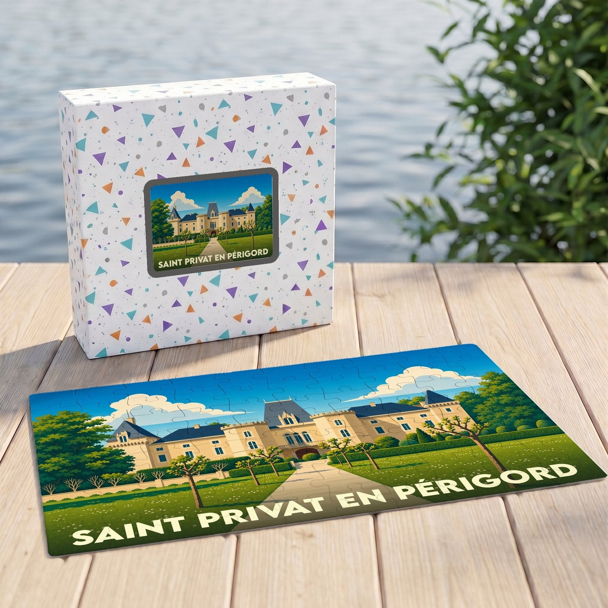 Puzzle souvenir de la ville de Saint Privat en Périgord avec une illustration stylisée d'un château.