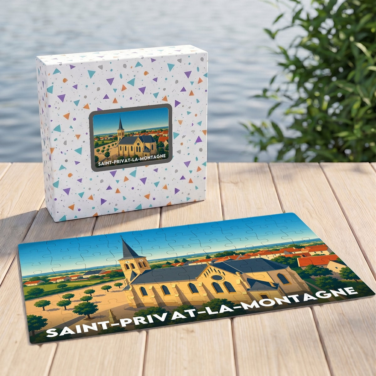 Puzzle souvenir de la ville de Saint-Privat-la-Montagne avec une illustration stylisée de son église et ses paysages.