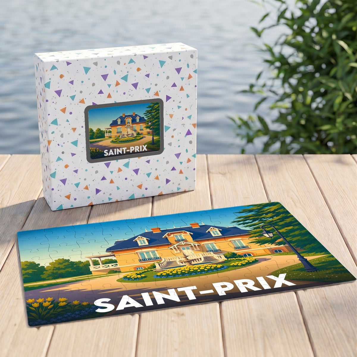 Puzzle souvenir de la ville de Saint-Prix illustré par un manoir coloré.