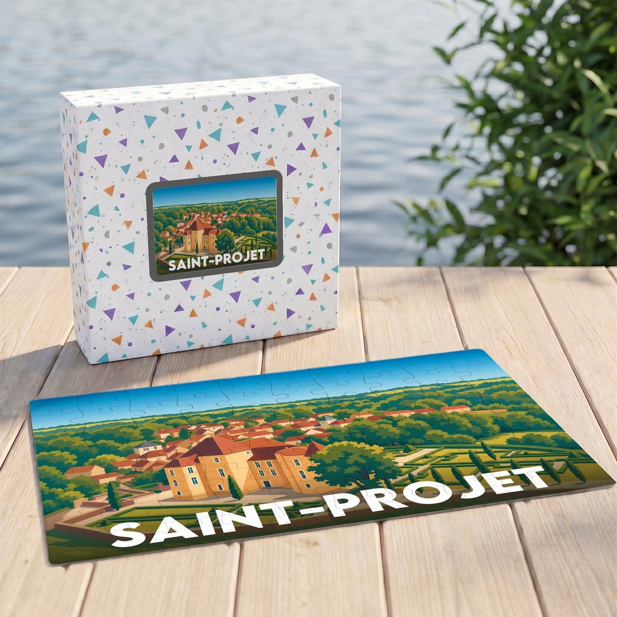 Puzzle souvenir de la ville de Saint-Projet avec une illustration stylisée d'un château et de son village.