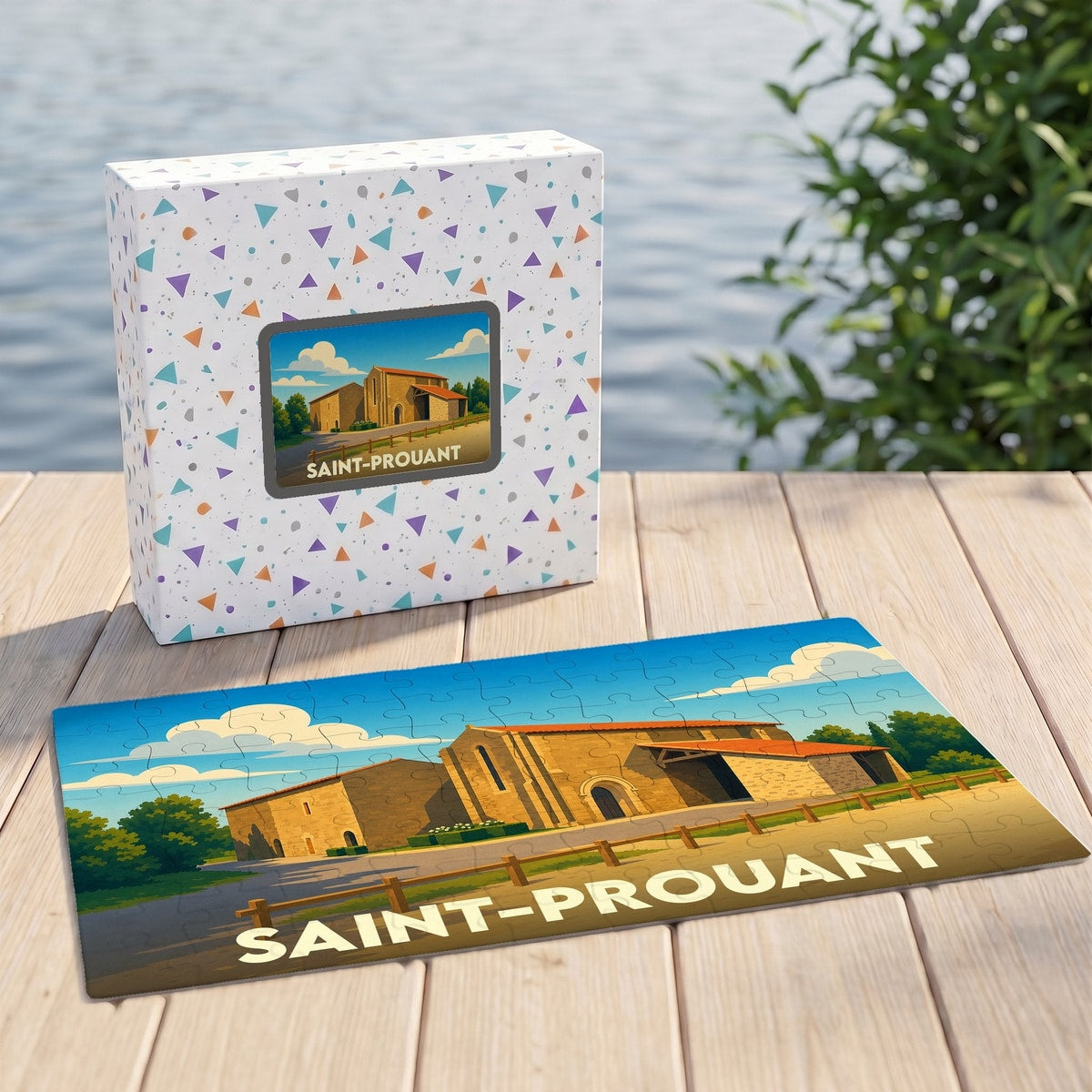 Puzzle souvenir de la ville de Saint-Prouant avec une illustration stylisée d'un bâtiment historique.