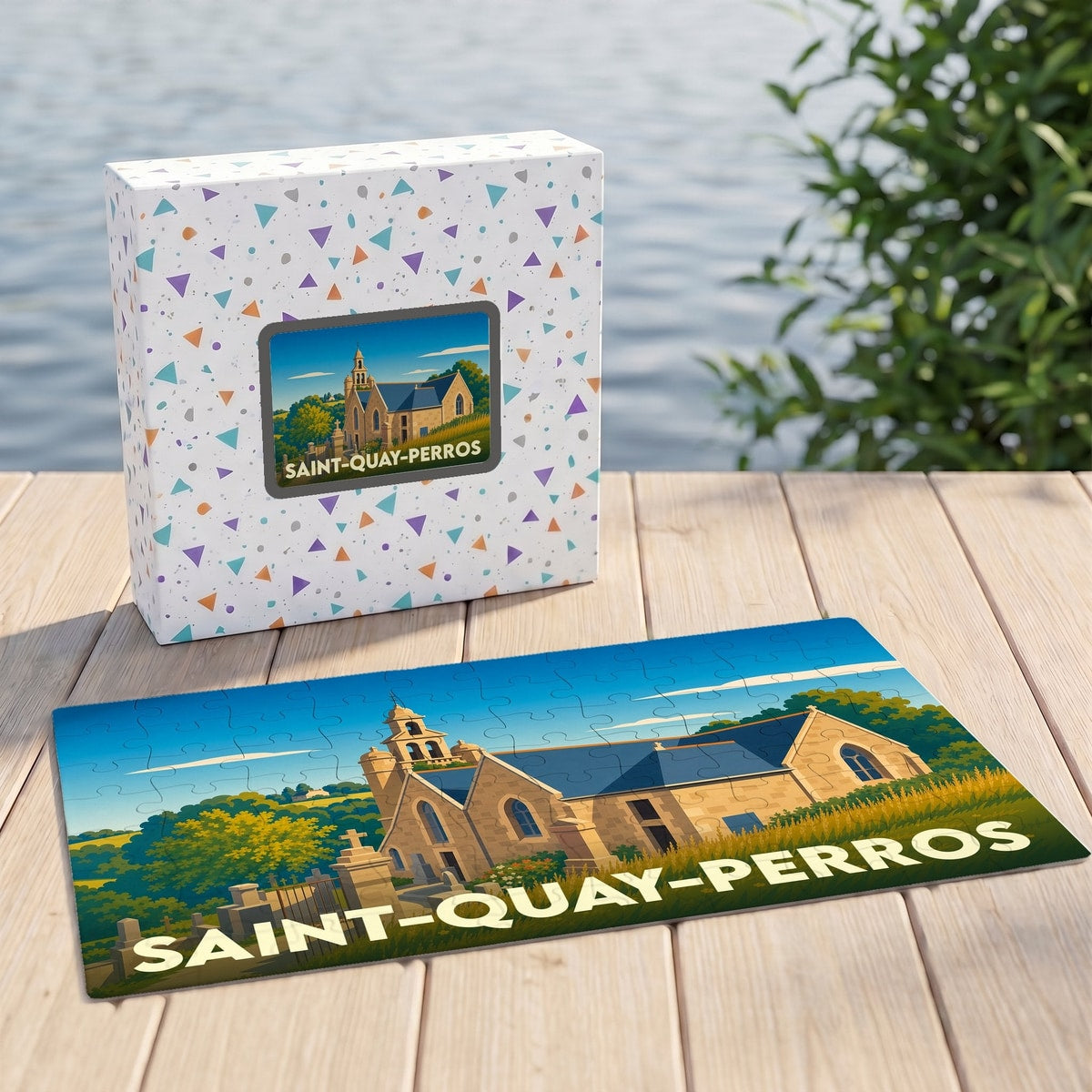 Puzzle souvenir de la ville de Saint-Quay-Perros avec une illustration stylisée de son église.