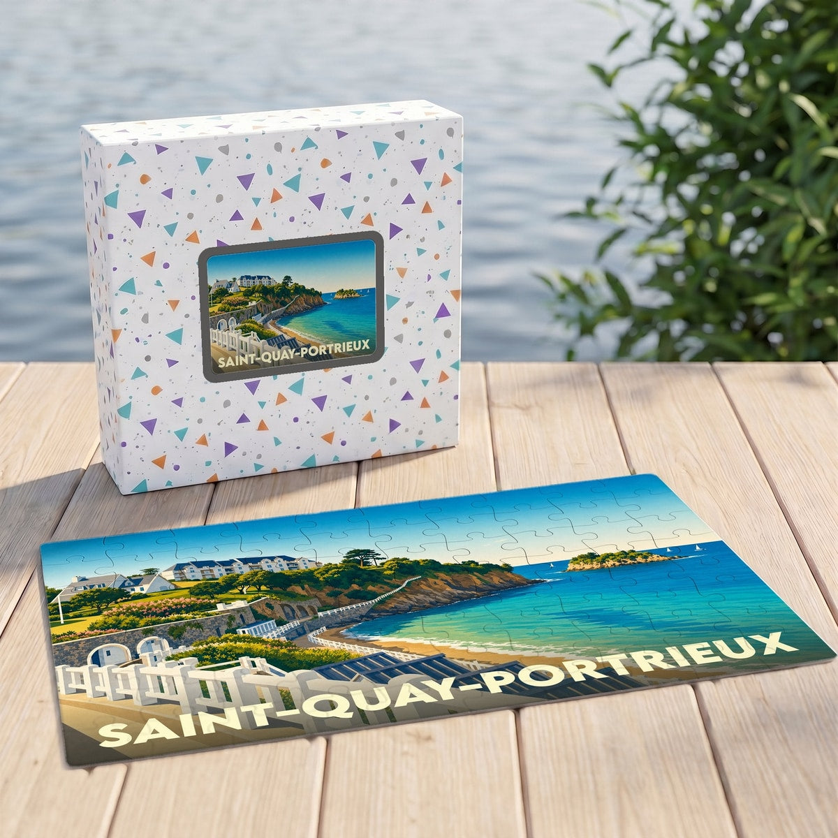 Puzzle souvenir de la ville de Saint-Quay-Portrieux avec une illustration côtière stylisée.