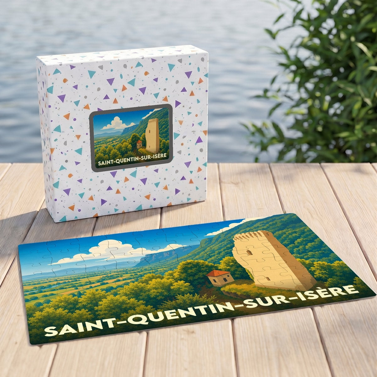 Puzzle souvenir de Saint-Quentin-sur-Isère représentant une tour médiévale et un paysage de vallée sous forme d'illustration stylisée.