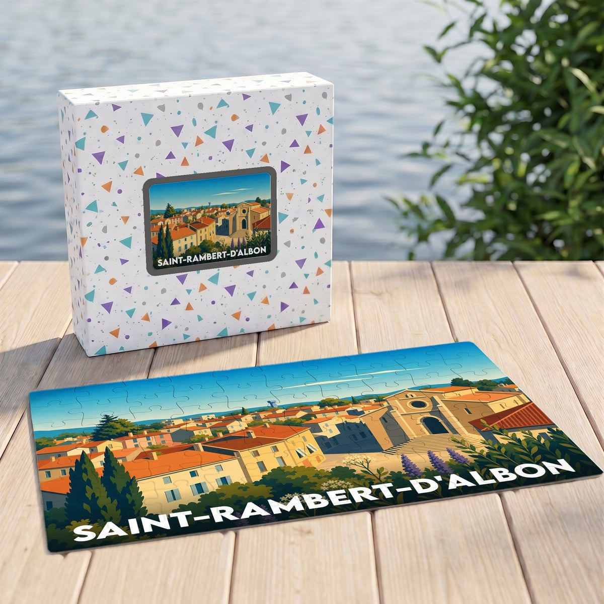 Puzzle souvenir de la ville de Saint-Rambert-d'Albon avec une illustration stylisée et colorée.