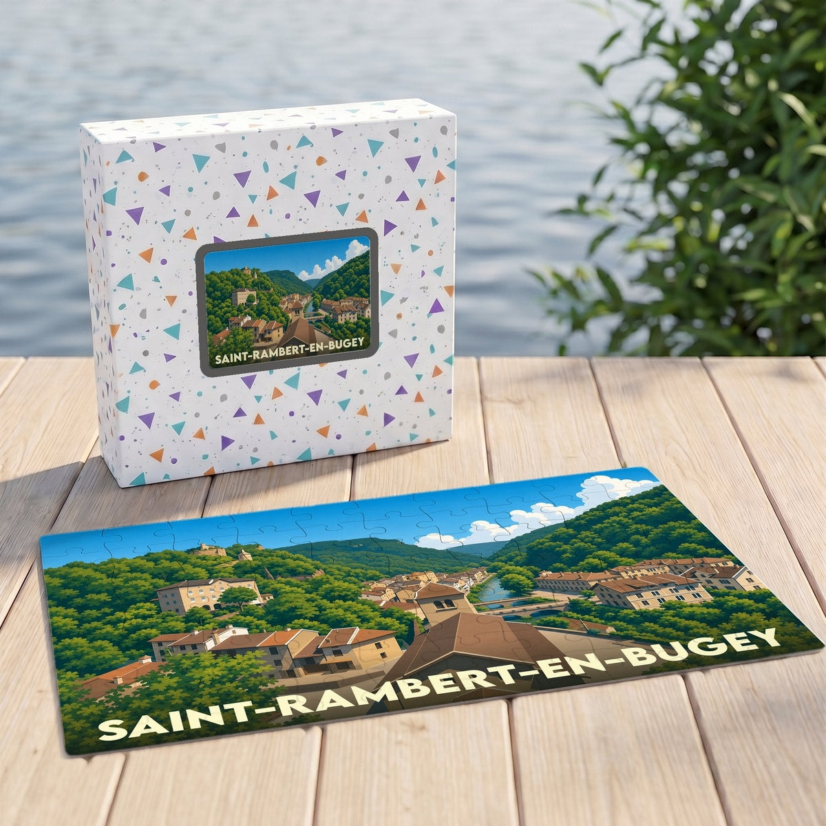 Puzzle souvenir de la ville de Saint-Rambert-en-Bugey avec une illustration stylisée de son paysage urbain et montagneux.