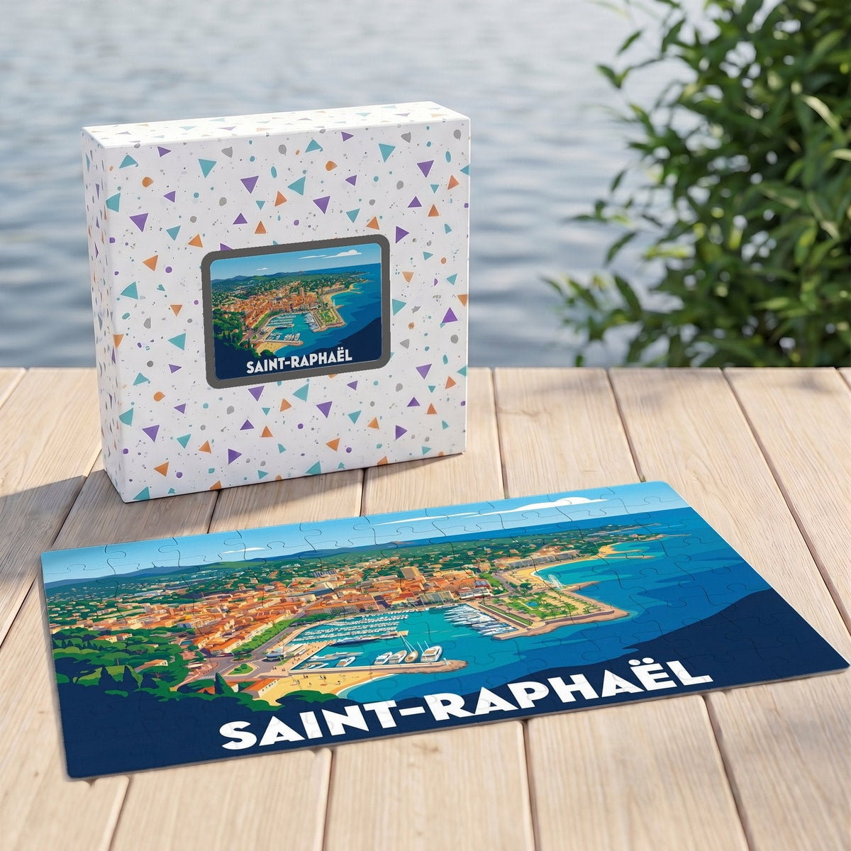 Puzzle souvenir de la ville de Saint-Raphaël avec une illustration stylisée du port et du littoral.