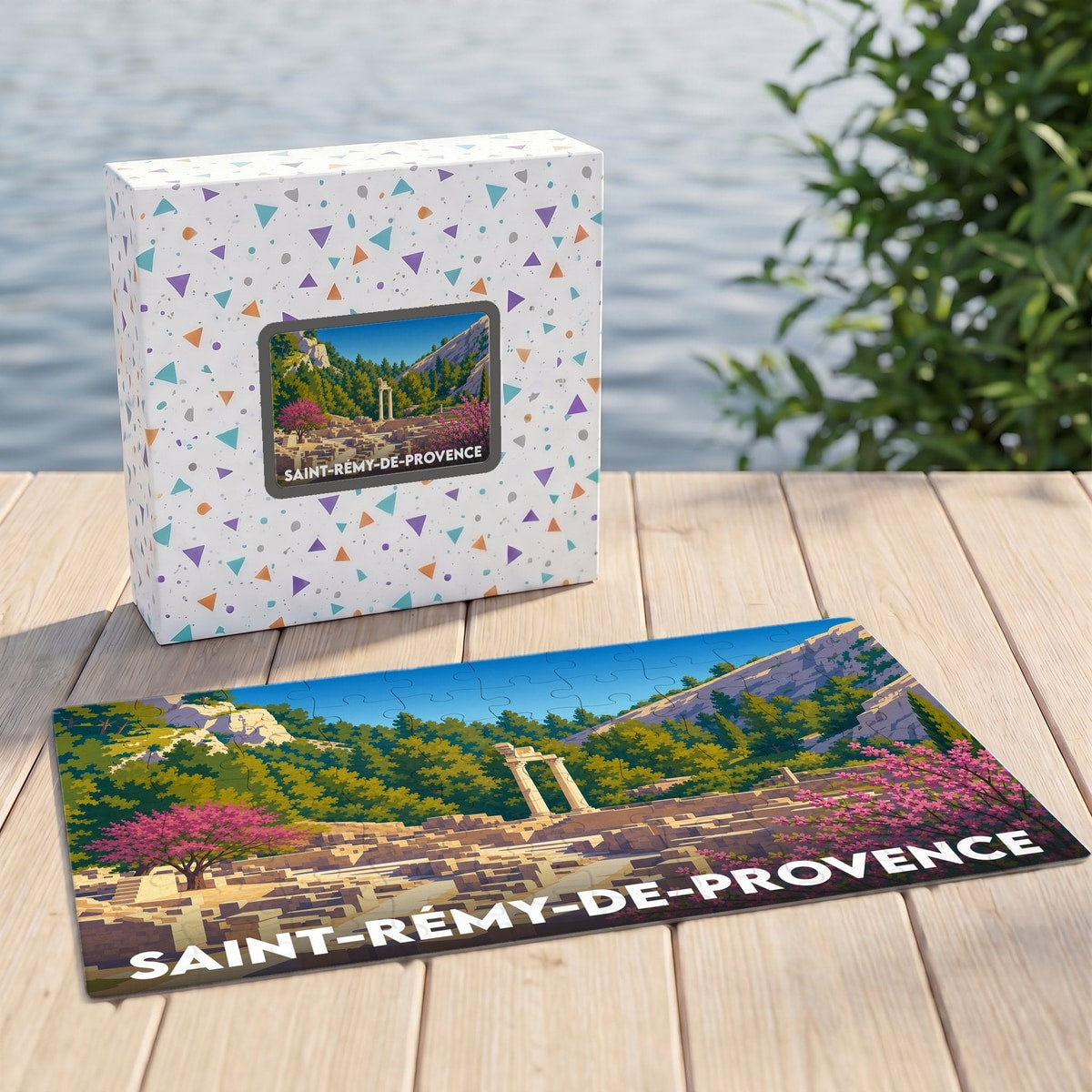 Puzzle souvenir de Saint-Rémy-de-Provence avec une illustration colorée de ses ruines antiques.