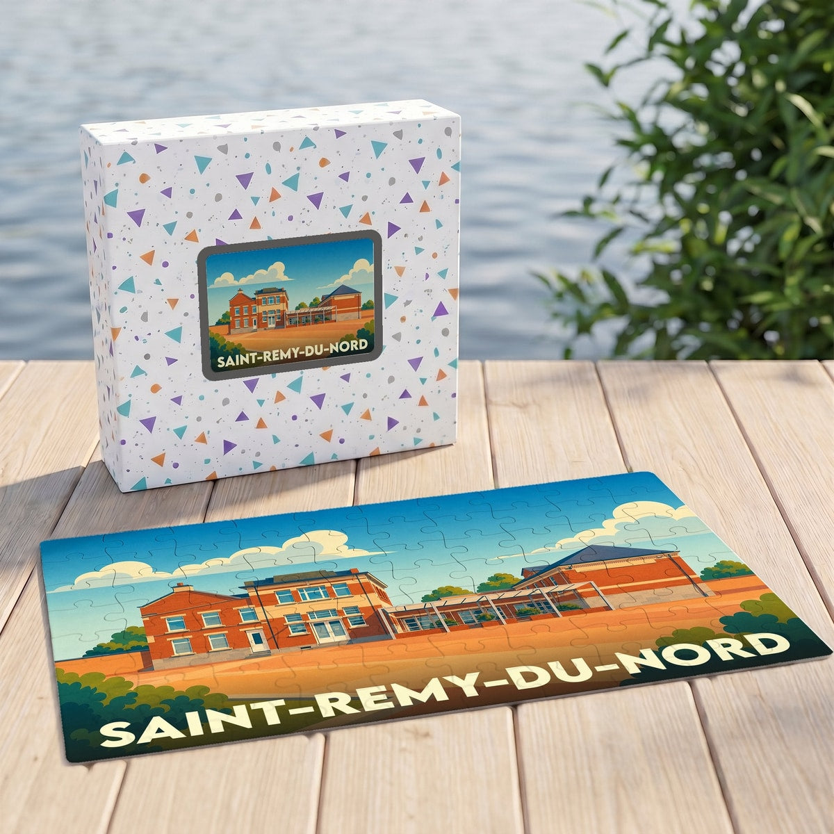 Puzzle souvenir de la ville de Saint-Remy-du-Nord avec une illustration colorée de ses bâtiments emblématiques.