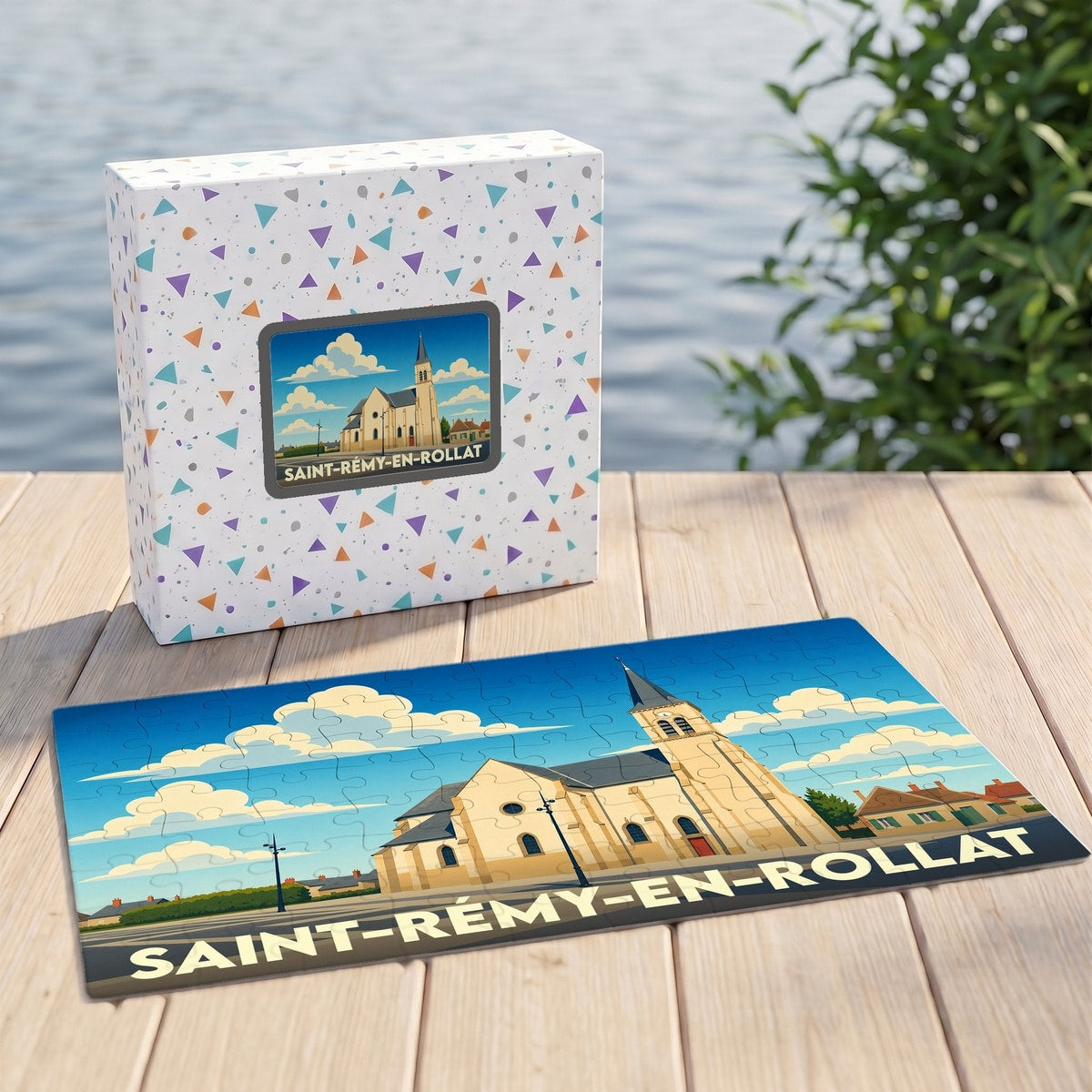 Puzzle souvenir de la ville de Saint-Rémy-en-Rollat avec une illustration stylisée de son église.