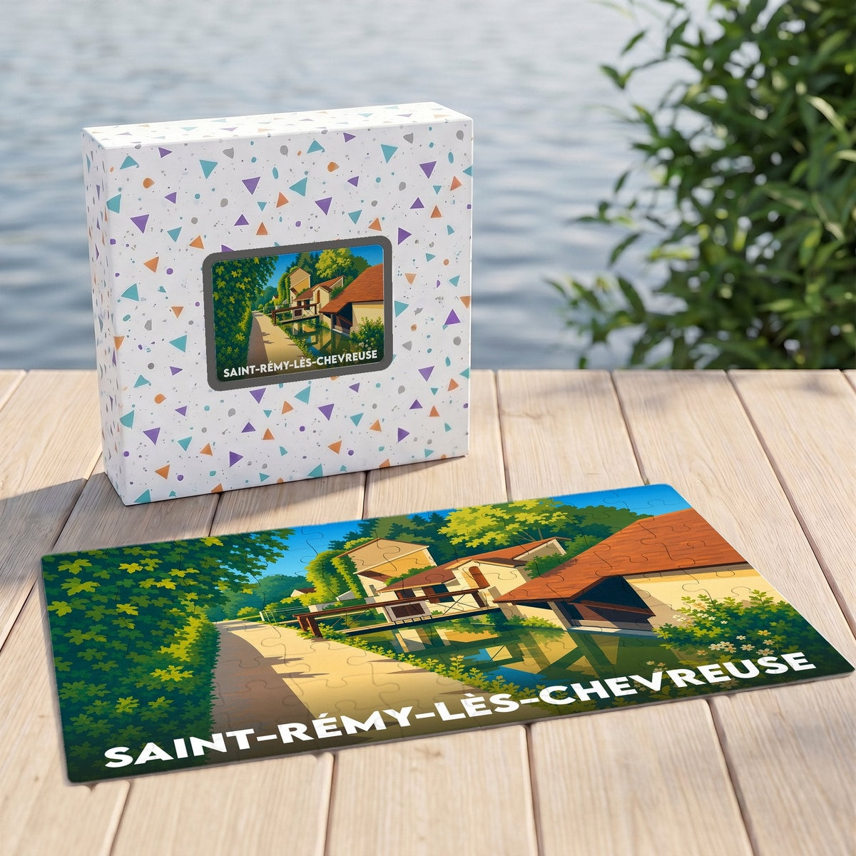 Puzzle souvenir de la ville de Saint-Rémy-lès-Chevreuse avec une illustration stylisée et colorée.