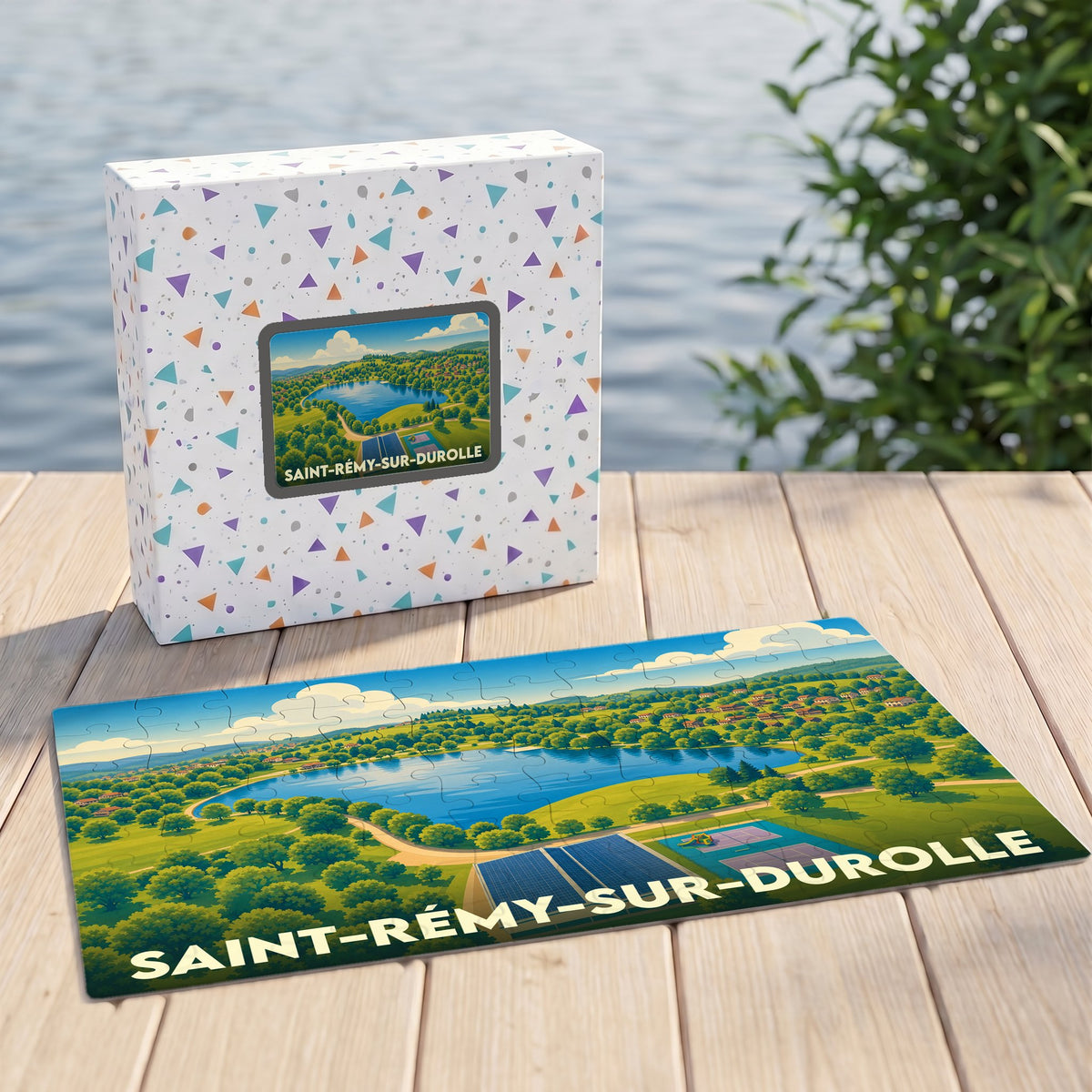 Puzzle souvenir de la ville de Saint-Rémy-sur-Durolle avec une illustration paysagère stylisée.