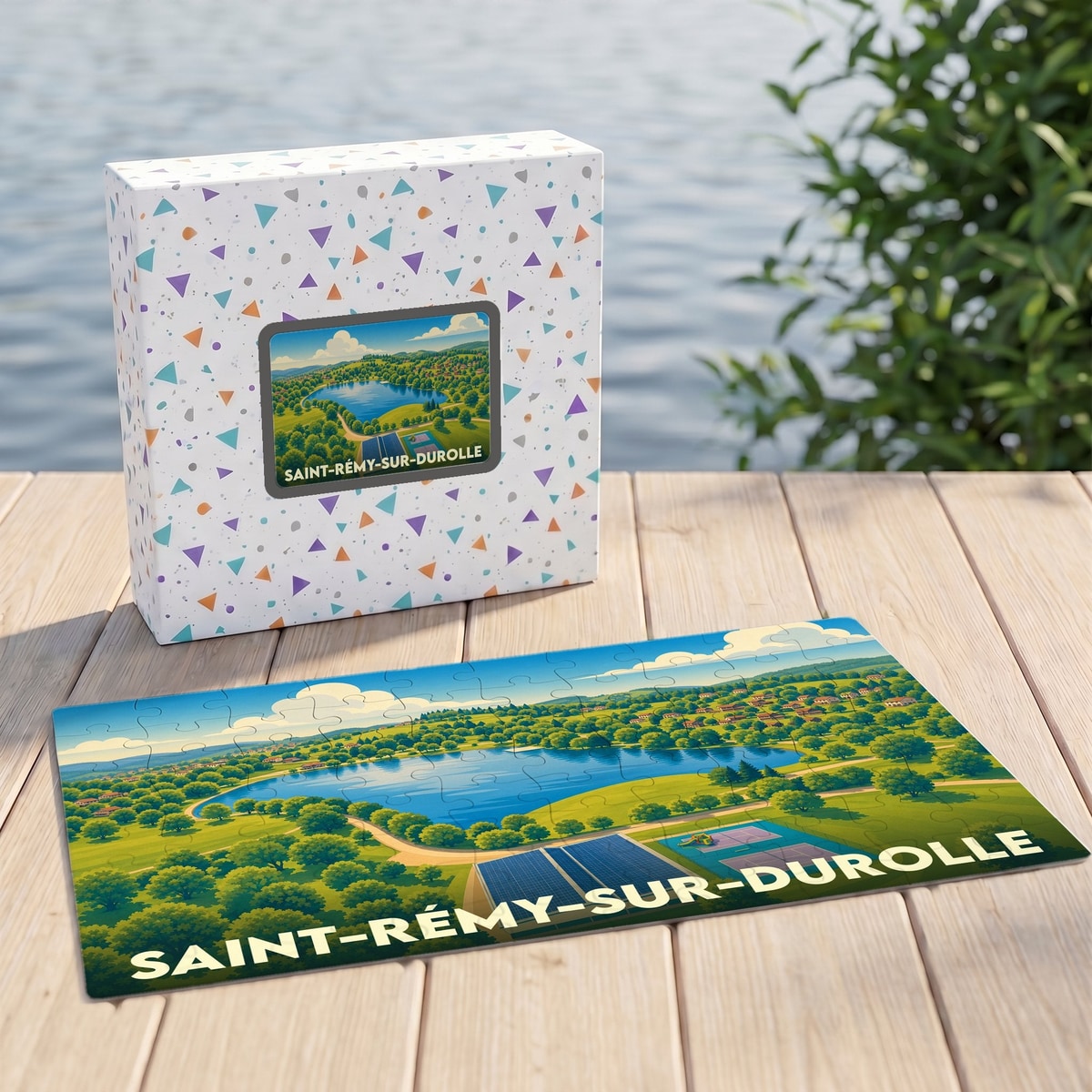Puzzle souvenir de la ville de Saint-Rémy-sur-Durolle avec une illustration paysagère stylisée.
