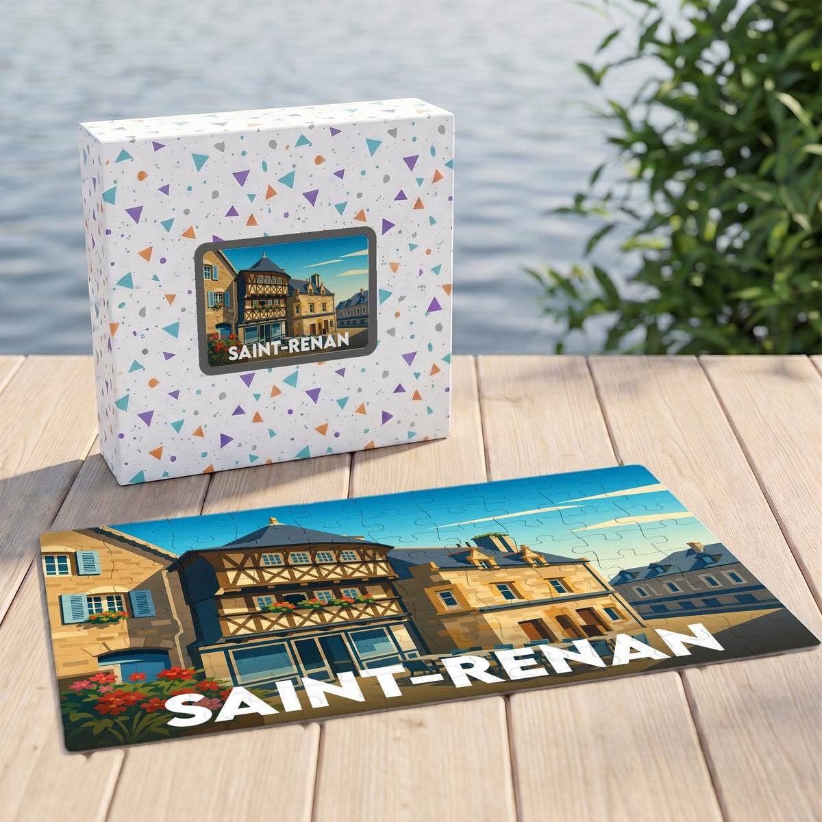 Puzzle souvenir de la ville de Saint-Renan avec une illustration stylisée d'architecture traditionnelle.