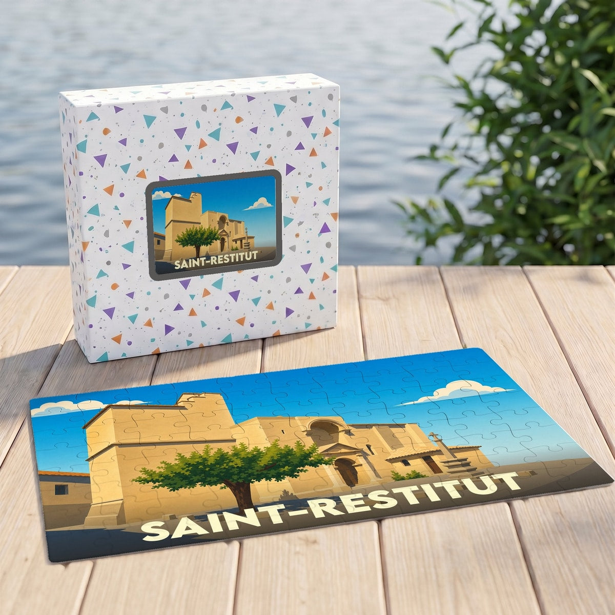 Puzzle souvenir de la ville de Saint-Restitut avec une illustration stylisée d'un bâtiment historique.