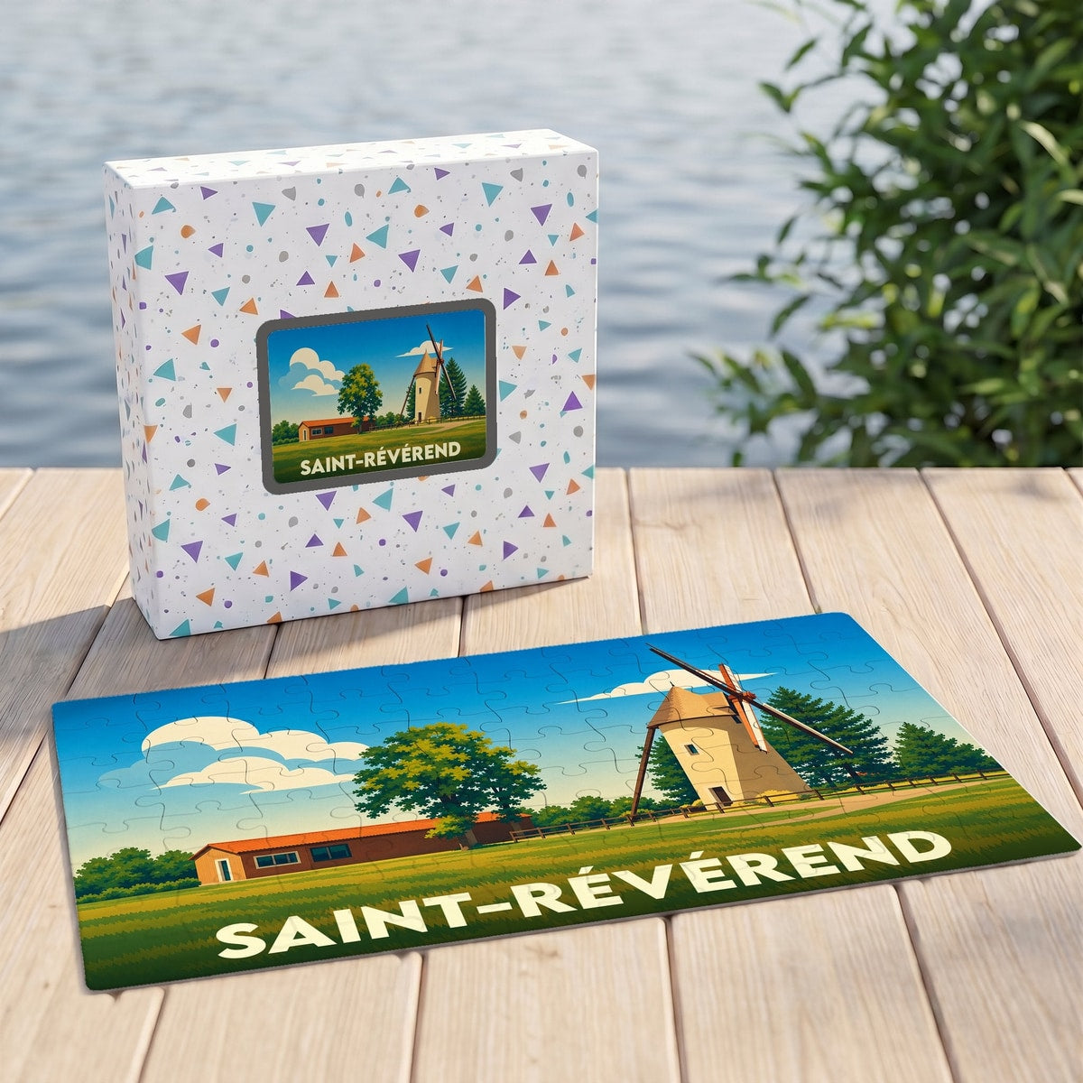 Puzzle souvenir de la ville de Saint-Révérend avec une illustration stylisée d'un moulin.