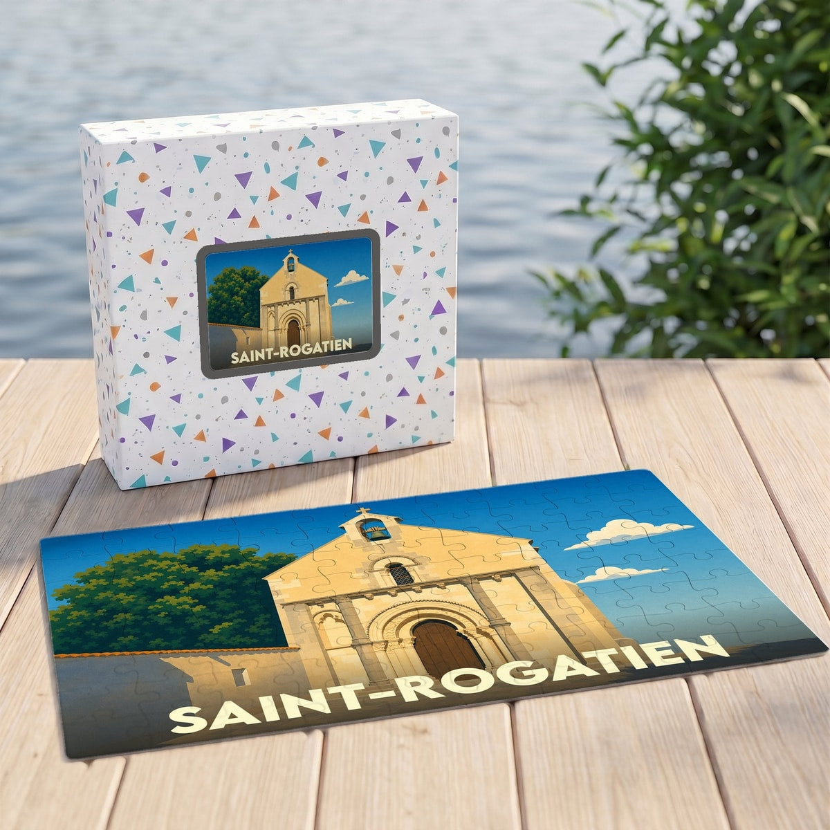 Puzzle souvenir de la ville de Saint-Rogatien avec une illustration stylisée de son église.