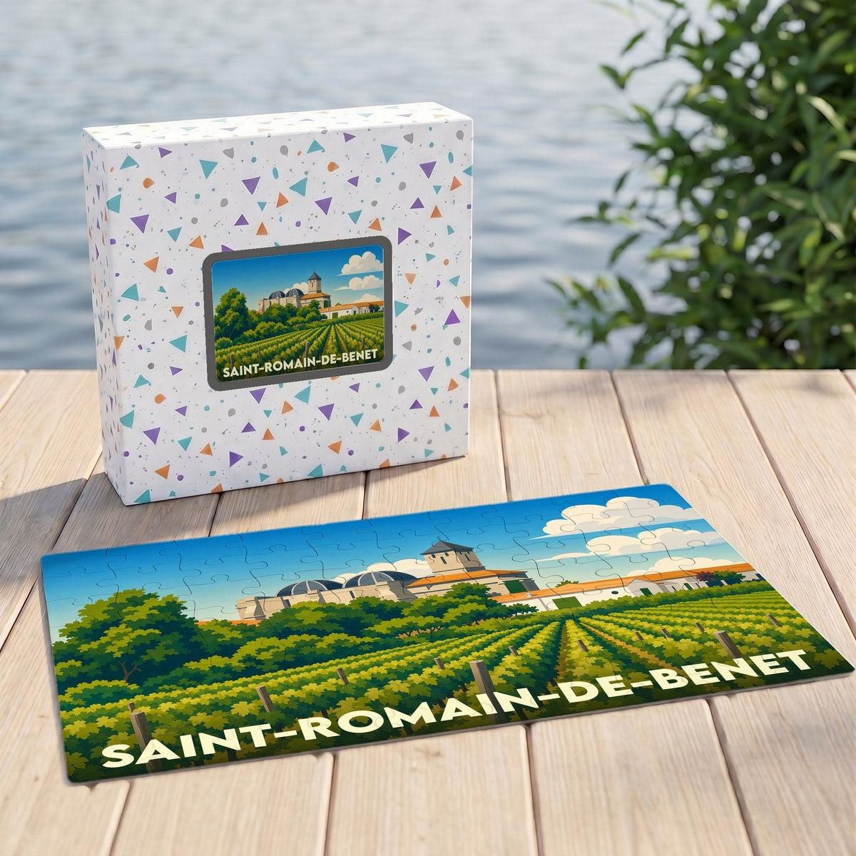 Puzzle souvenir de Saint-Romain-de-Benet avec une illustration stylisée de son église et de ses vignobles.