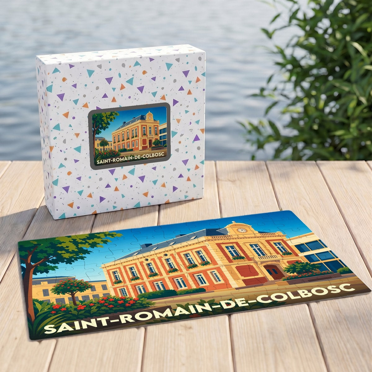 Puzzle souvenir de la ville de Saint-Romain-de-Colbosc avec une illustration stylisée de son hôtel de ville.