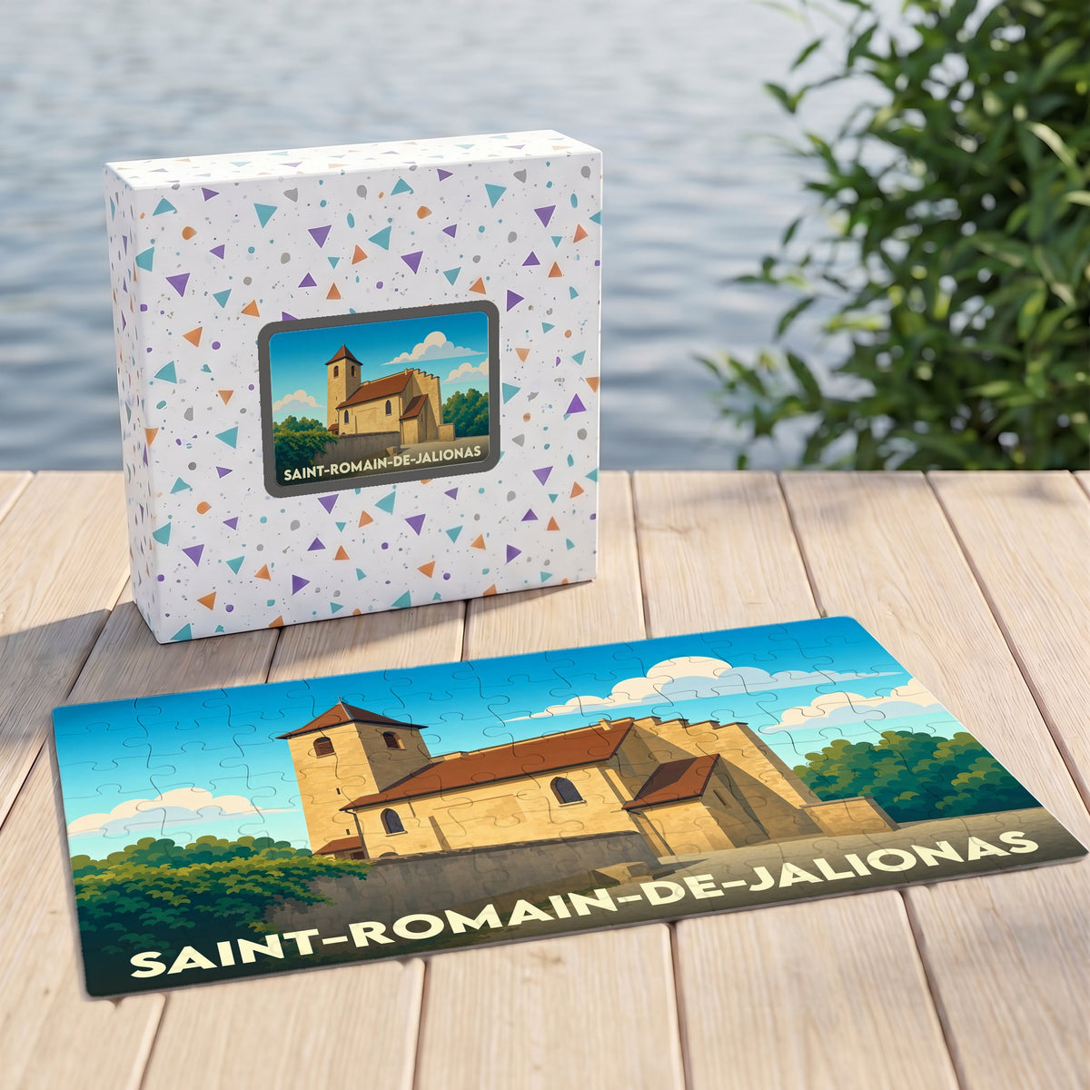 Puzzle souvenir de la ville de Saint-Romain-de-Jalionas avec une illustration stylisée de son église.