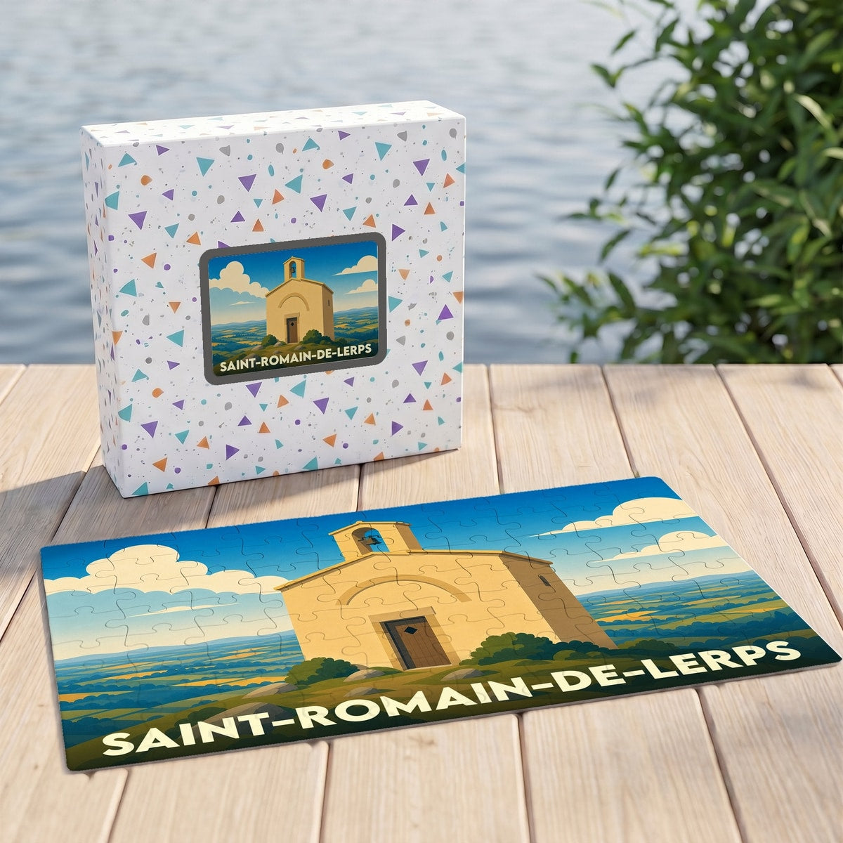 Puzzle souvenir de la ville de Saint-Romain-de-Lerps avec une illustration stylisée de sa chapelle.