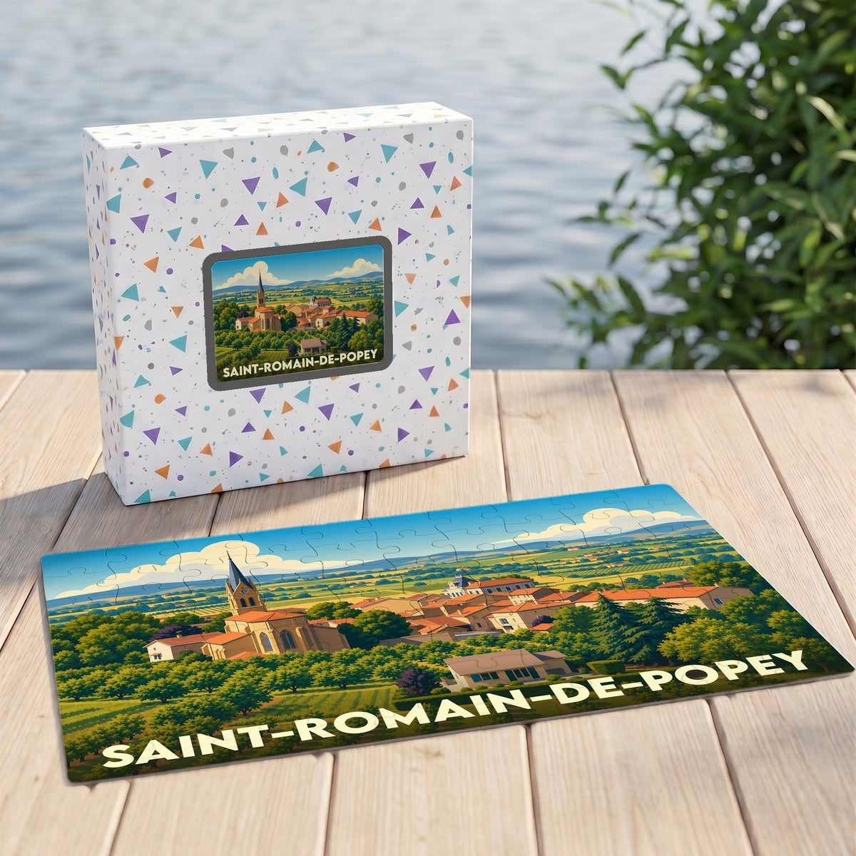 Puzzle souvenir de la ville de Saint-Romain-de-Popey avec une illustration stylisée de son paysage urbain et champêtre.