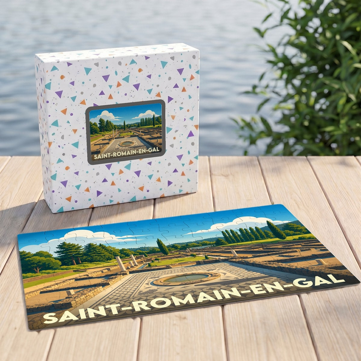 Puzzle souvenir de la ville de Saint-Romain-en-Gal avec une illustration stylisée de son site archéologique.