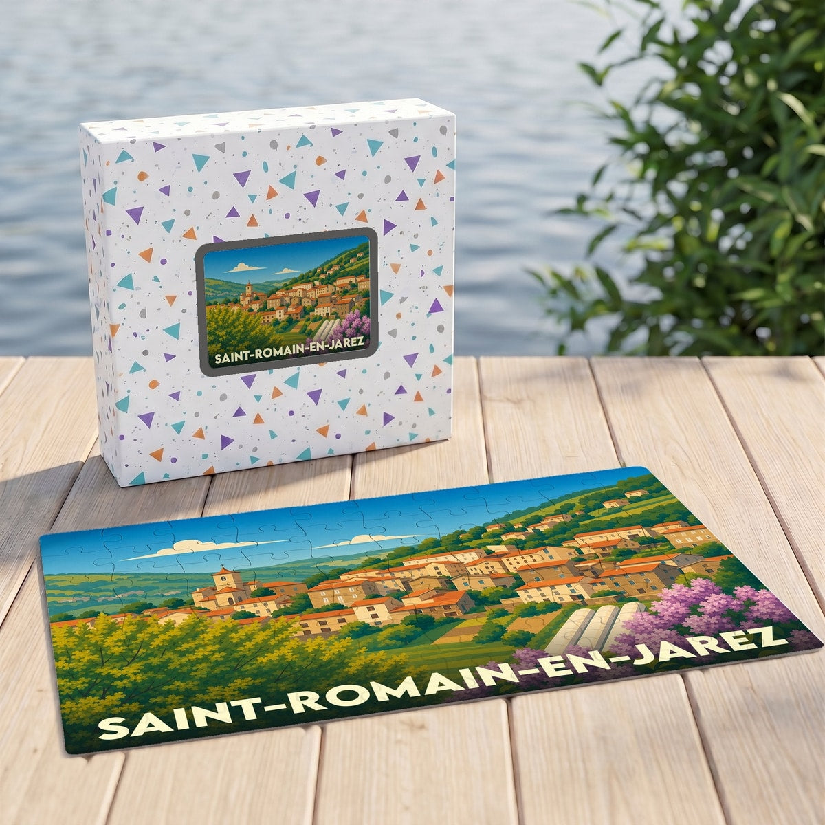 Puzzle souvenir de la ville de Saint-Romain-en-Jarez avec une illustration stylisée de son paysage vallonné.
