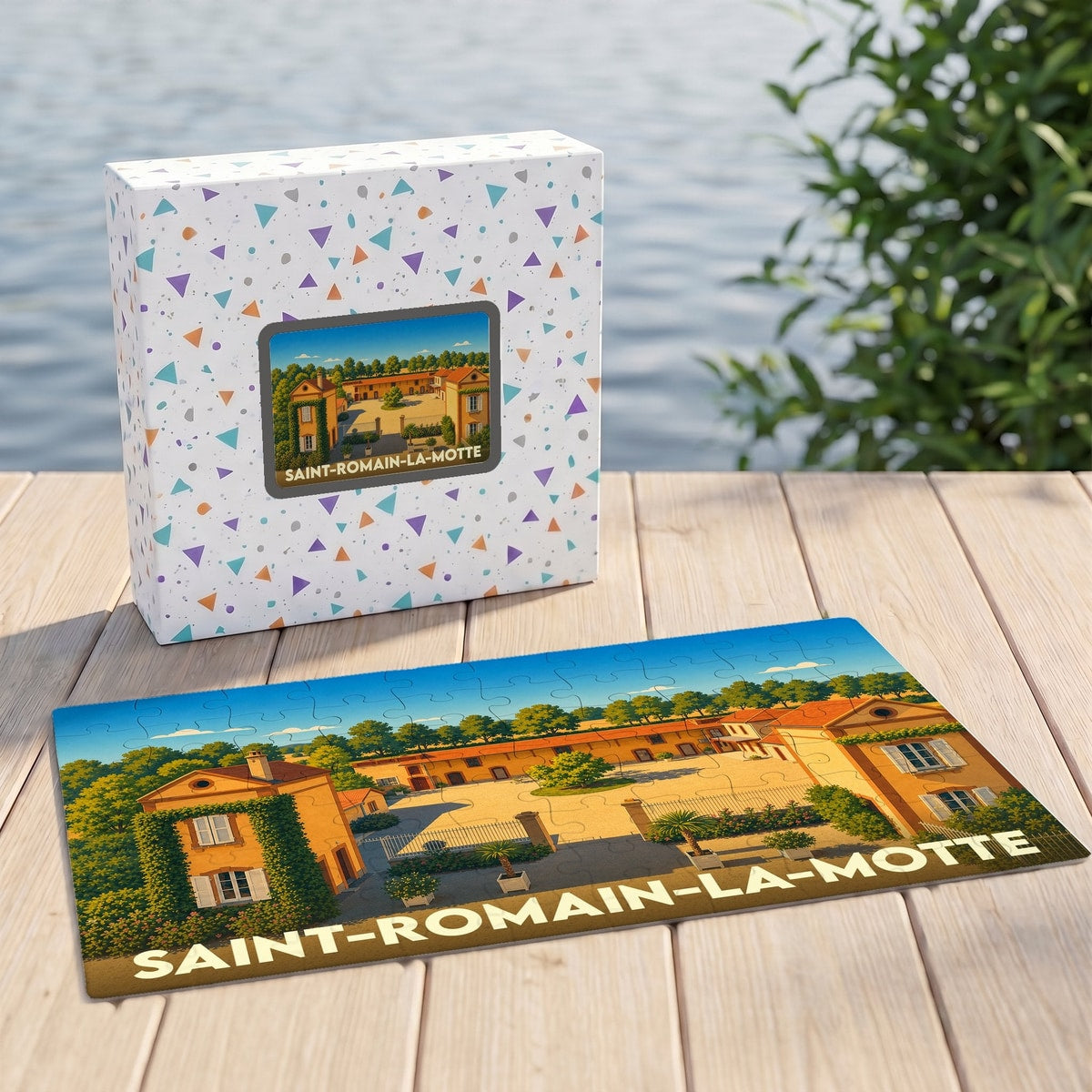 Puzzle souvenir de la ville de Saint-Romain-la-Motte avec une illustration colorée représentant un domaine provençal.