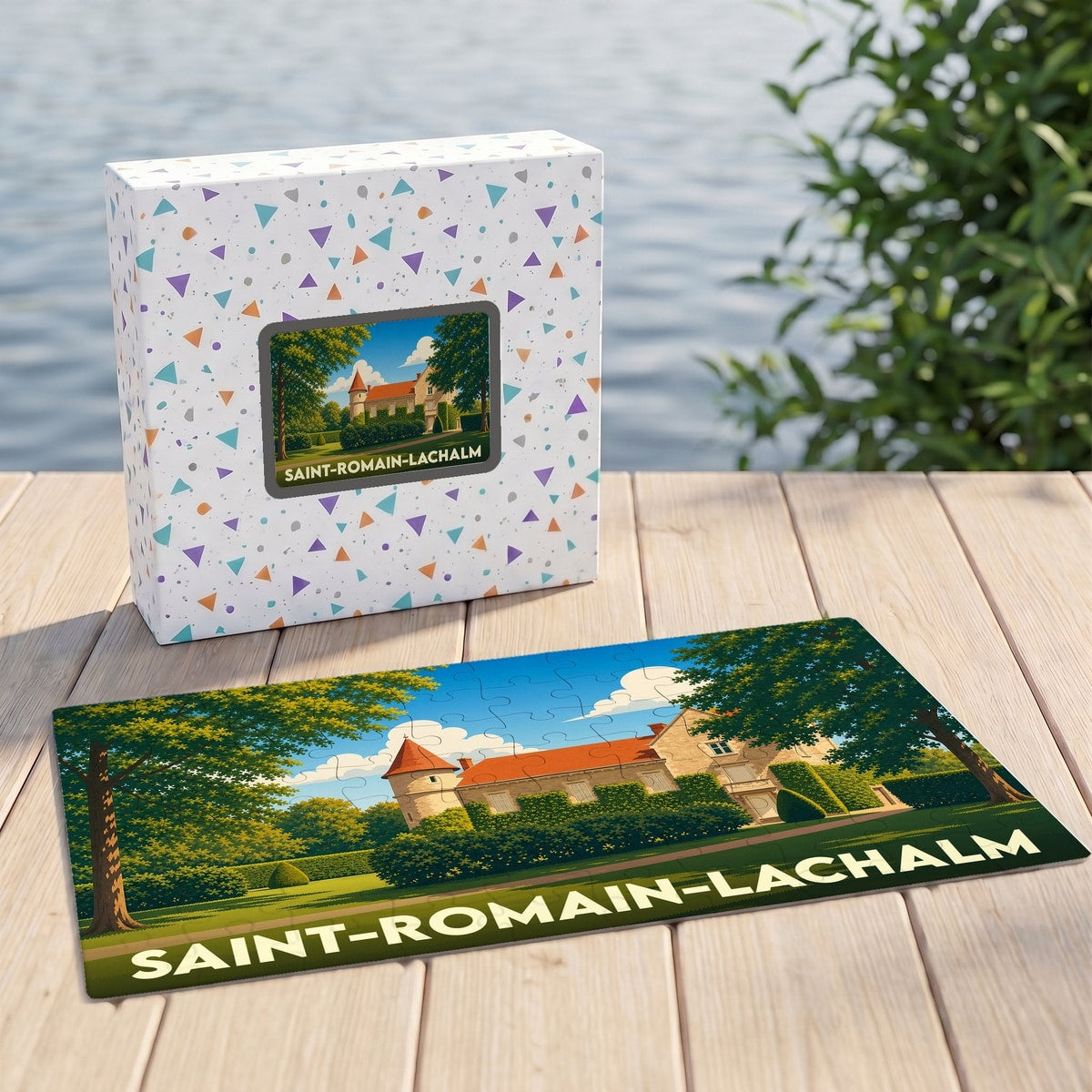 Puzzle souvenir de la ville de Saint-Romain-Lachalm avec une illustration stylisée de son patrimoine.